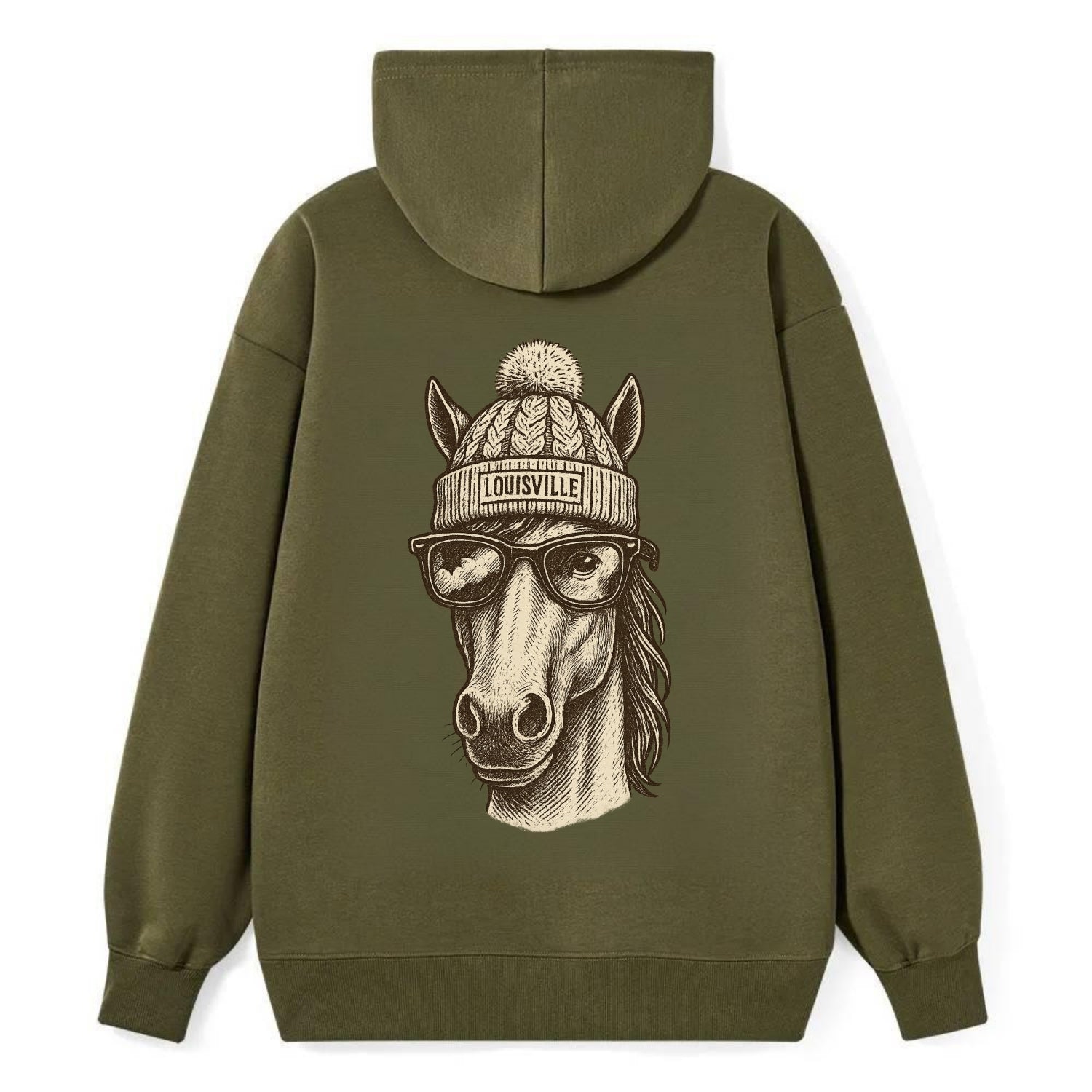 Kentucky Thoroughbred Horse wearing Louisville beanie with pom pom and - Classic Pullover Hoodie - ArmyGreen