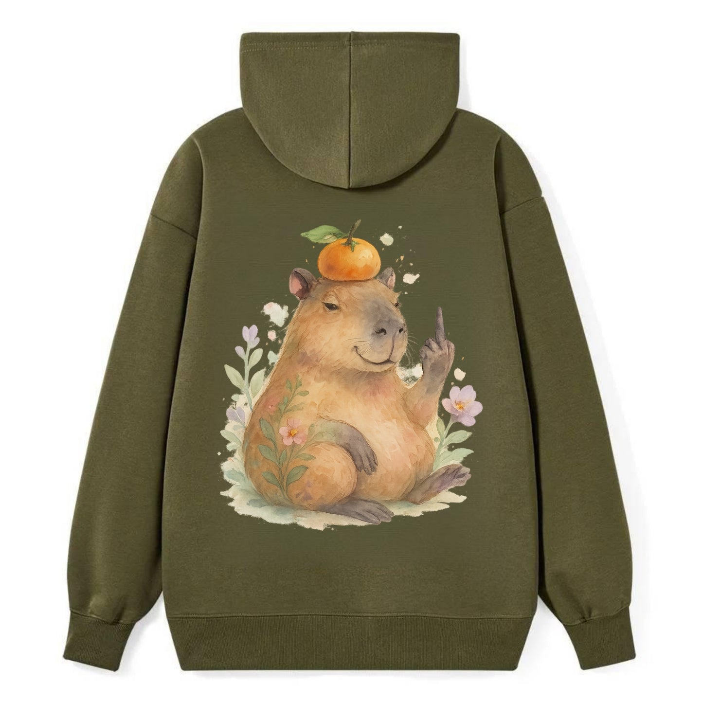 chonky capybara relaxing with orange on head, one webbed middle finger up - Classic Pullover Hoodie - ArmyGreen