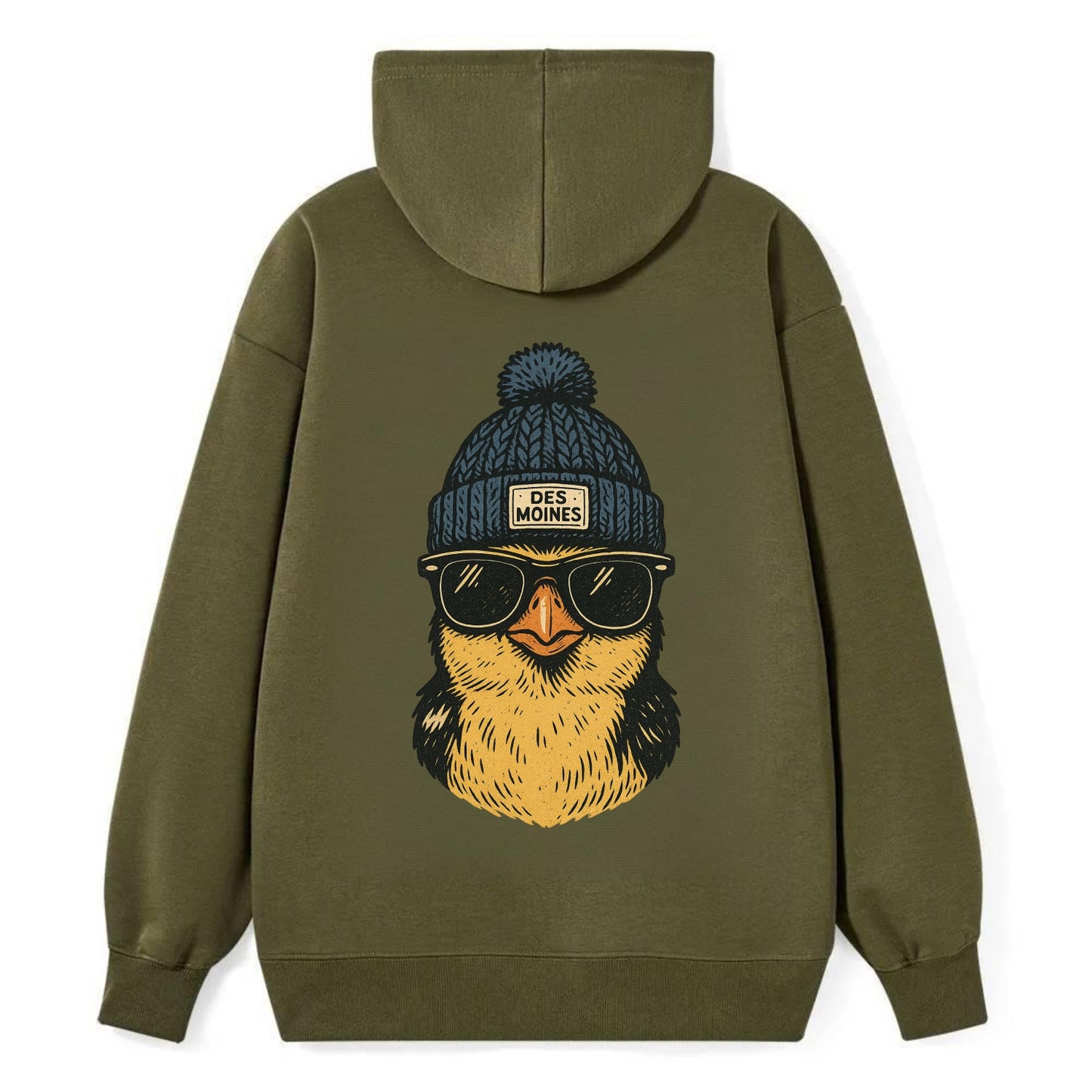Iowa Goldfinch wearing Des Moines beanie with pom pom and wayfarer - Classic Pullover Hoodie - ArmyGreen