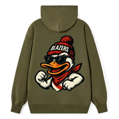 Oregon Duck wearing Trail Blazers beanie with rose patch and wayfarer - Classic Pullover Hoodie - ArmyGreen