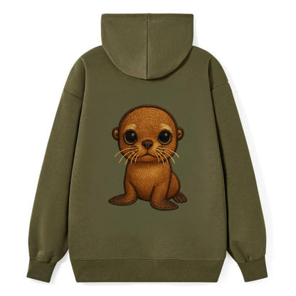 Baby California Sea Lion - golden brown, large expressive eyes, whiskers, - Classic Pullover Hoodie - ArmyGreen