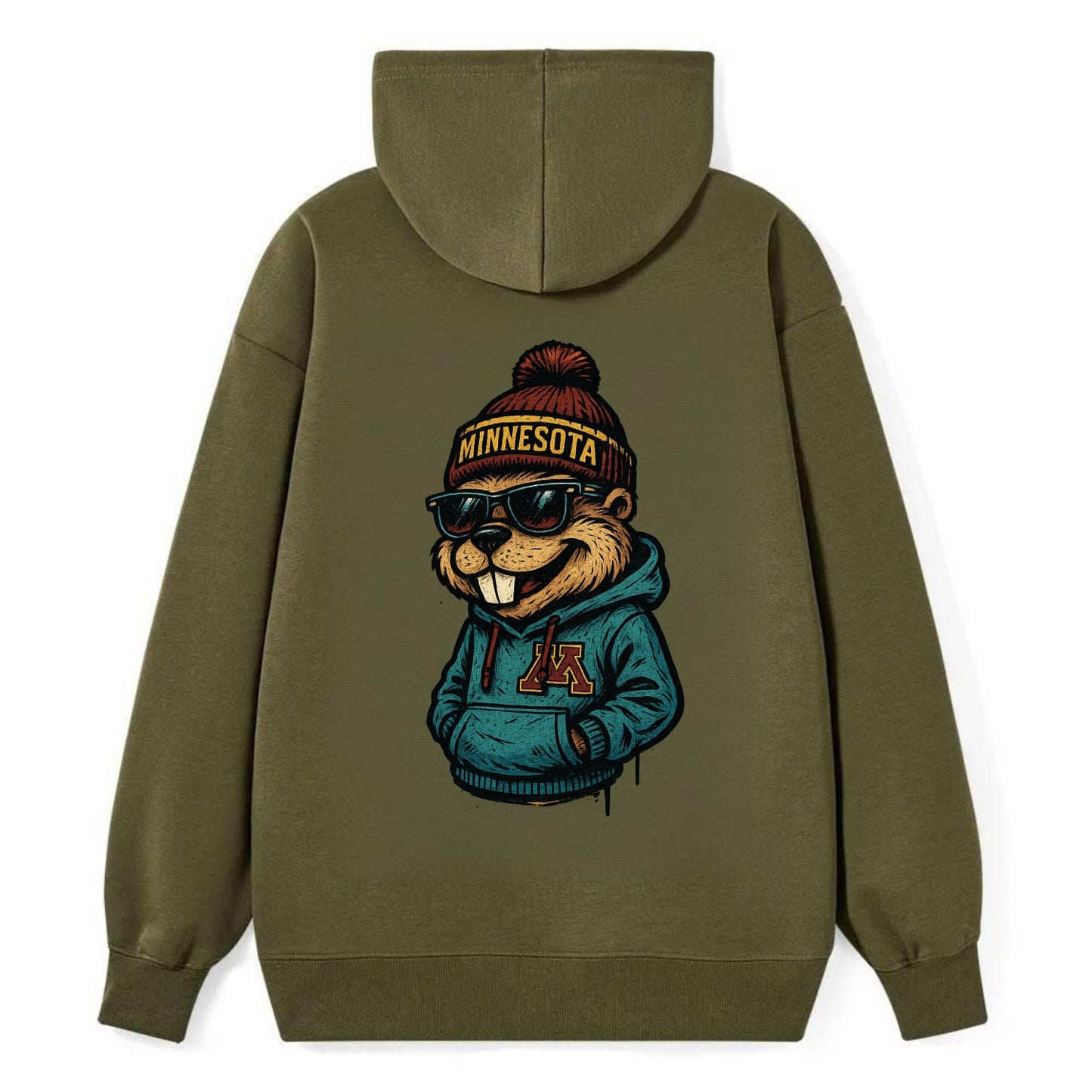 Minneapolis Gopher wearing Minnesota beanie with M patch - Classic Pullover Hoodie - ArmyGreen