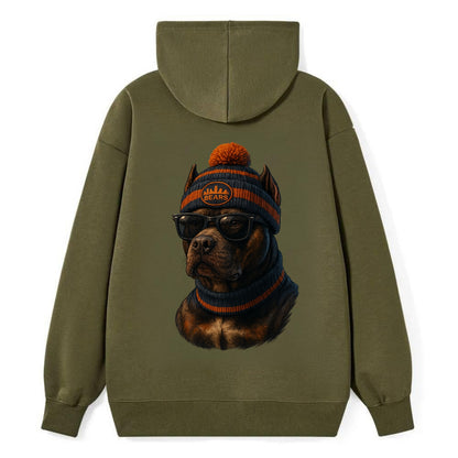 Chicago Pitbull wearing Bears beanie with skyline patch and wayfarer - Classic Pullover Hoodie - ArmyGreen