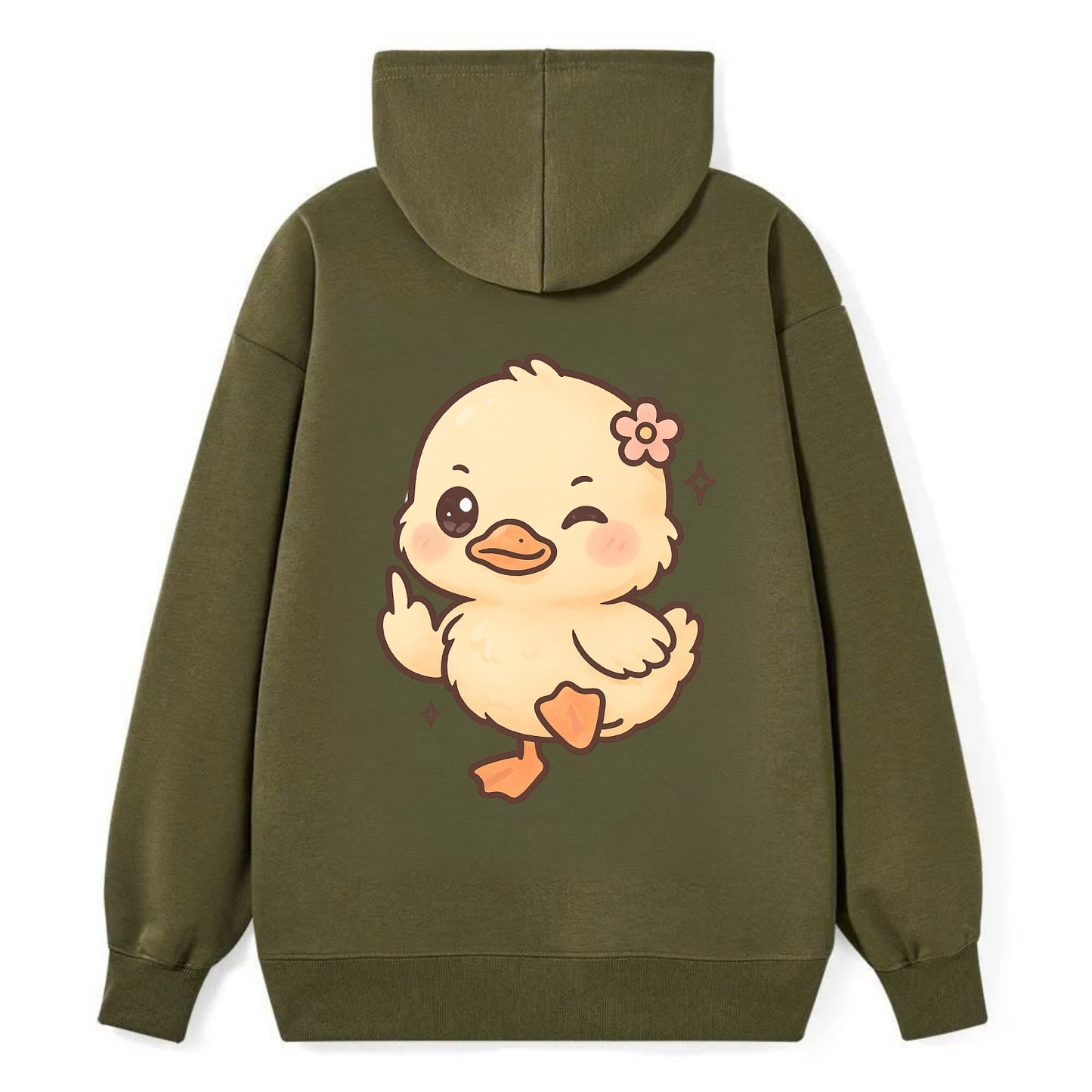 fluffy baby duck with small flower, one webbed foot raised sassily - Classic Pullover Hoodie - ArmyGreen