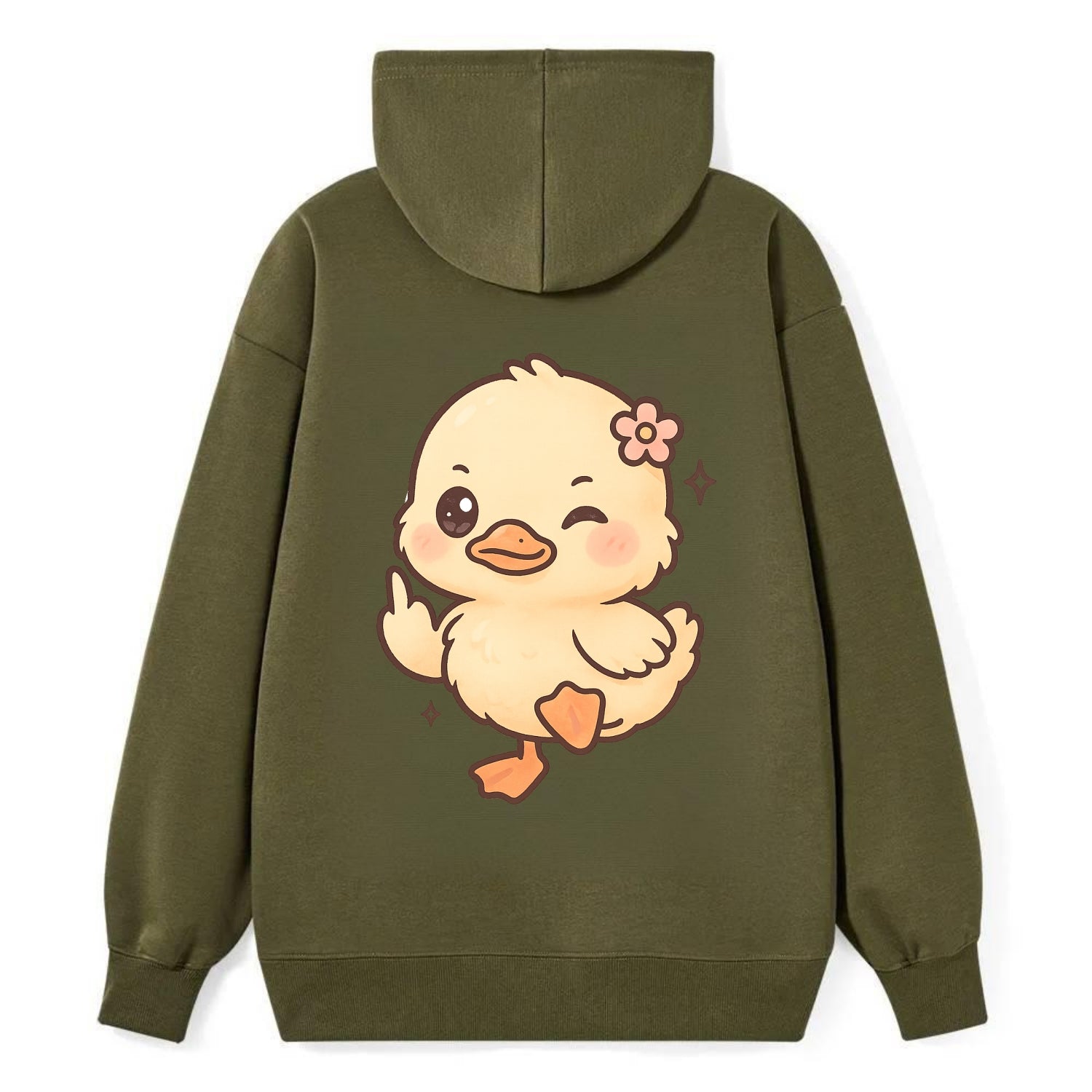 fluffy baby duck with small flower, one webbed foot raised sassily - Classic Pullover Hoodie - ArmyGreen