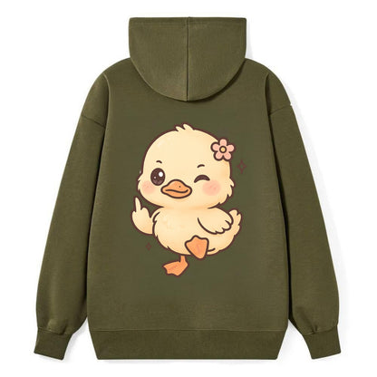 fluffy baby duck with small flower, one webbed foot raised sassily - Classic Pullover Hoodie - ArmyGreen