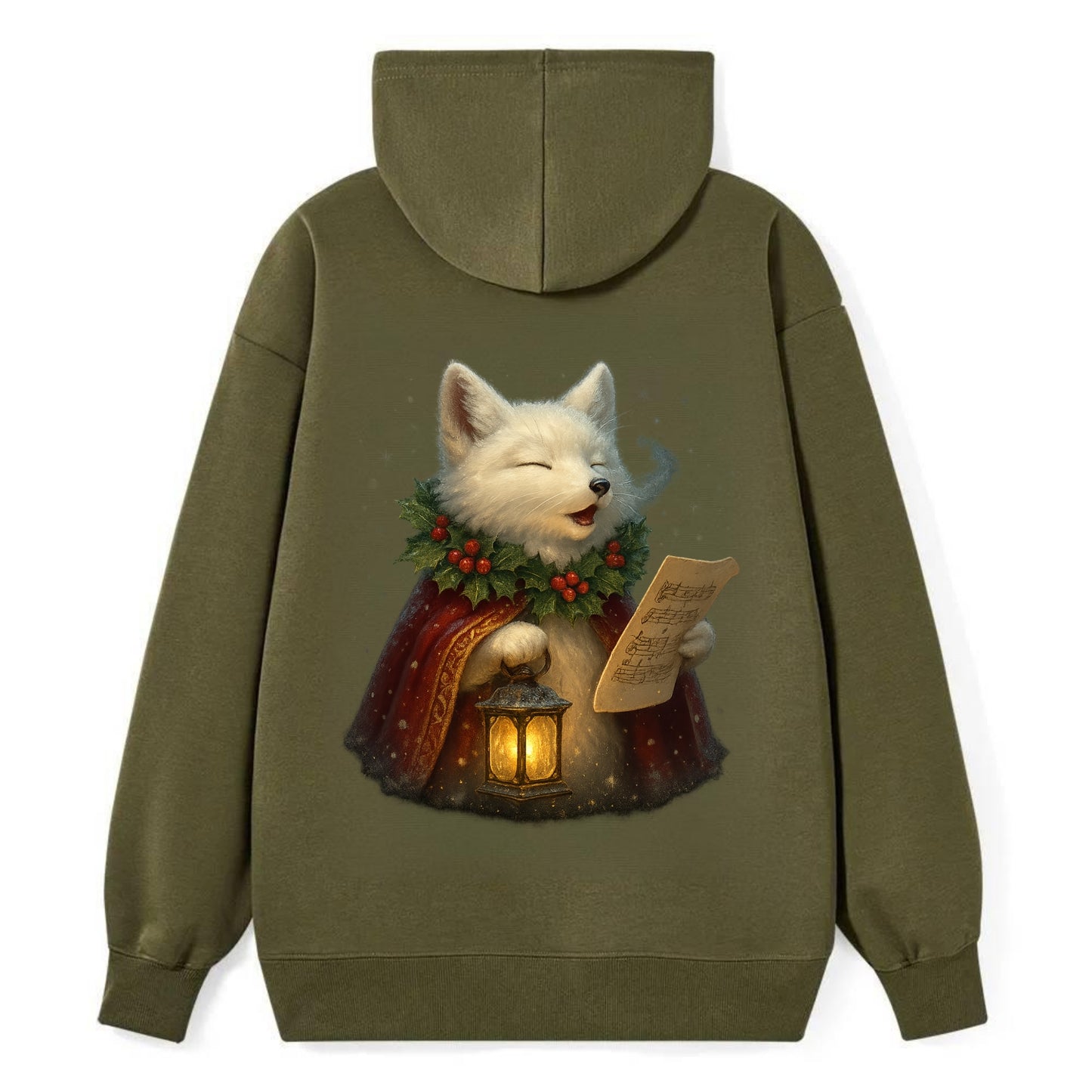 Snowbound Arctic Fox Caroler  - Classic Pullover Hoodie - ArmyGreen