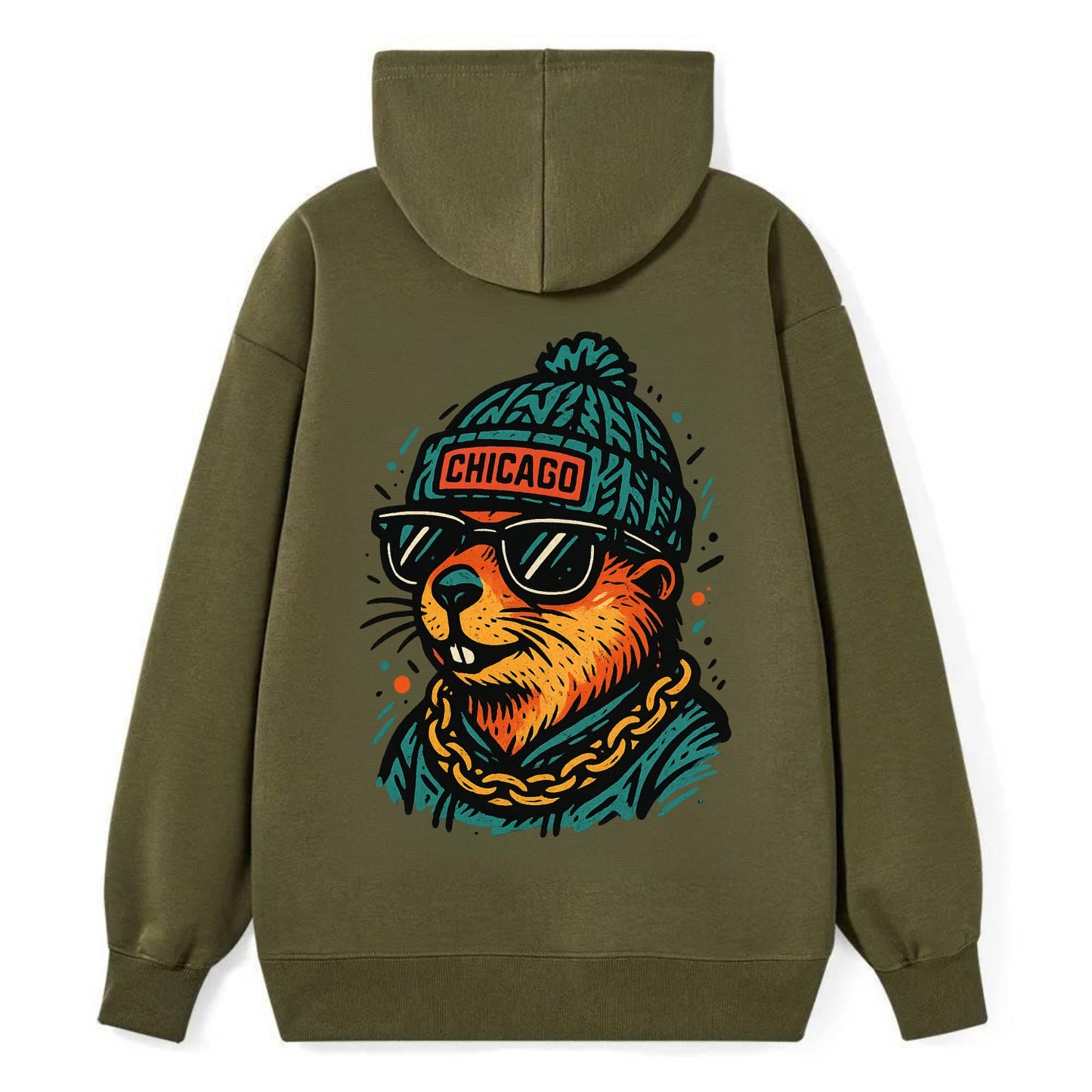 Illinois Prairie Dog wearing Chicago beanie with pom pom and wayfarer - Classic Pullover Hoodie - ArmyGreen