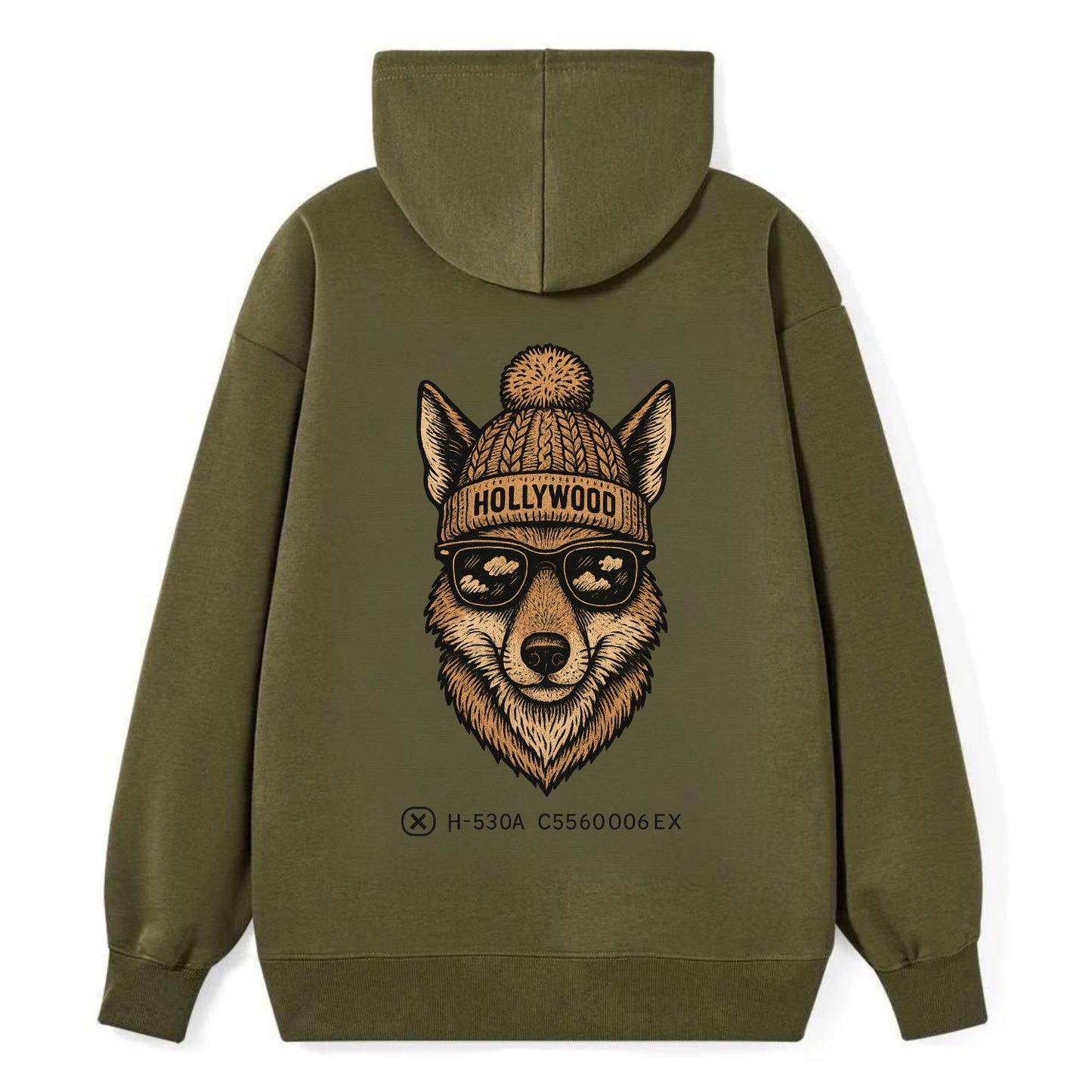 LA Coyote wearing Hollywood beanie with pom pom and wayfarer sunglasses - Classic Pullover Hoodie - ArmyGreen