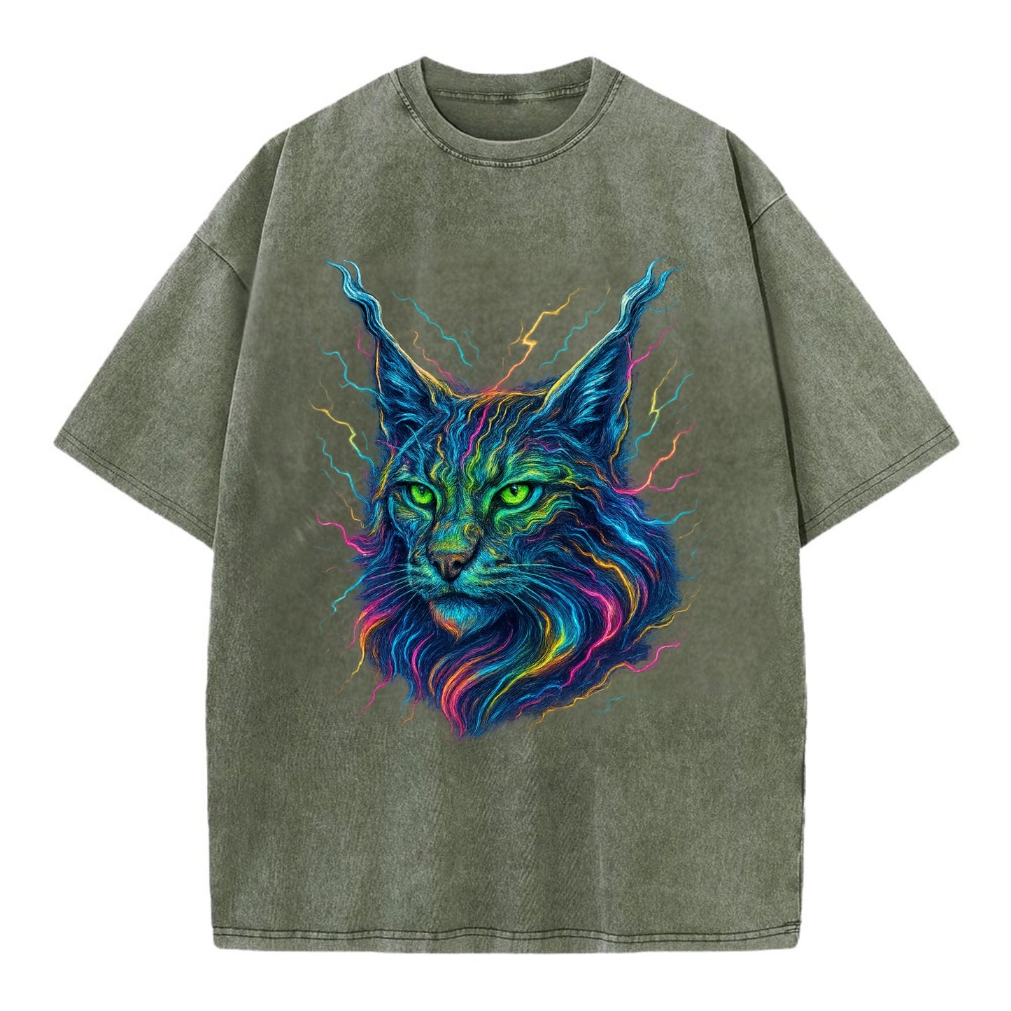Wild lynx with ear tufts transforming into liquid mercury flows, silver and gold - Vintage T-shirt - Army Green
