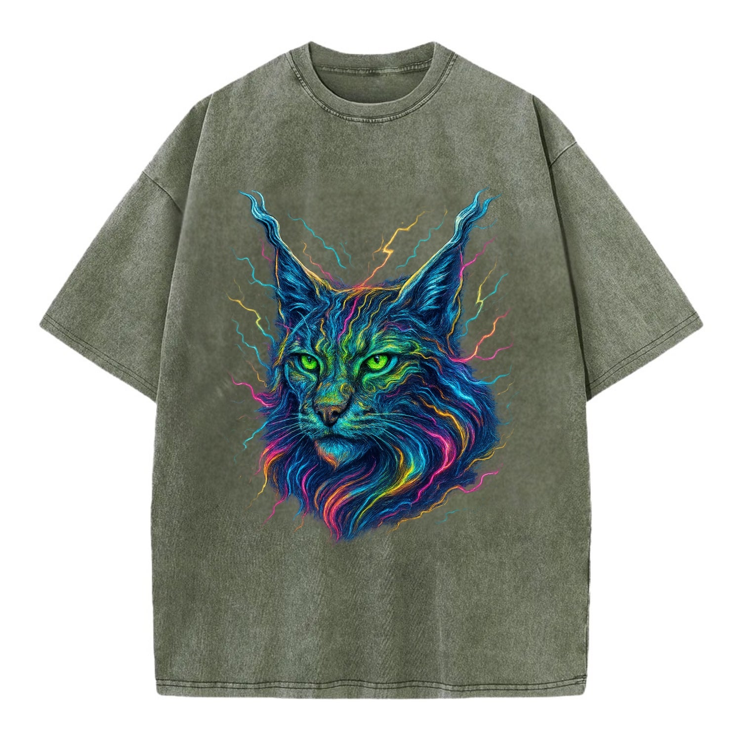 Wild lynx with ear tufts transforming into liquid mercury flows, silver and gold - Vintage T-shirt - Army Green