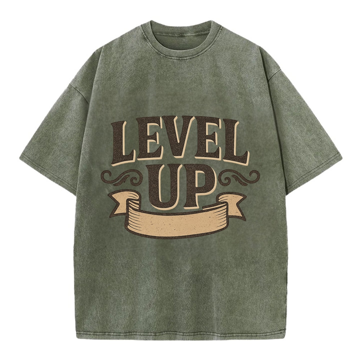 Bold typography design - "LEVEL UP" - improving, advancing, growing - Vintage T-shirt - Army Green