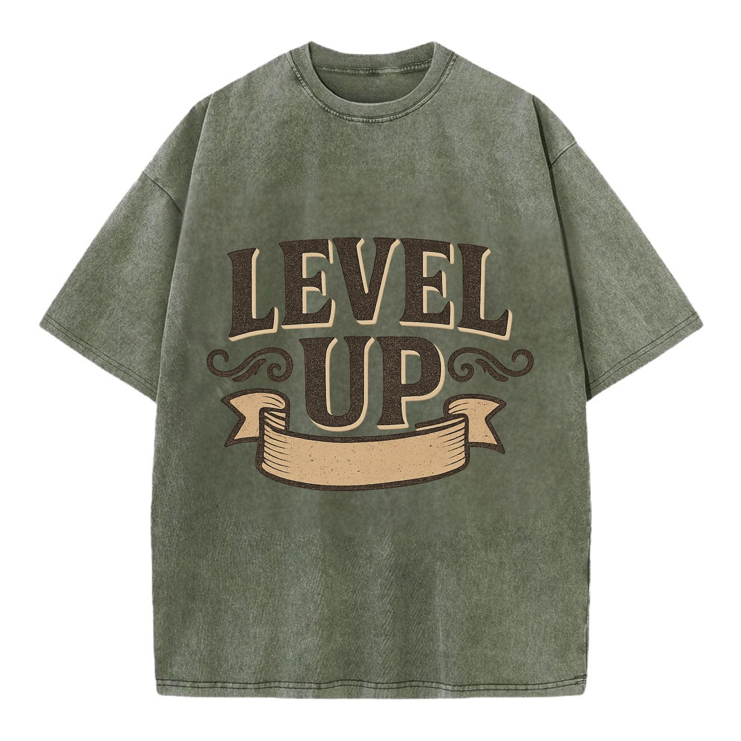 Bold typography design - "LEVEL UP" - improving, advancing, growing - Vintage T-shirt - Army Green
