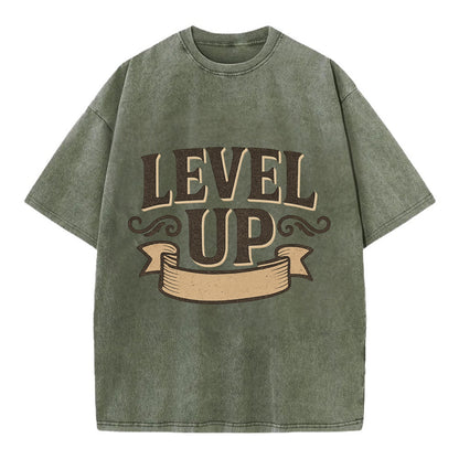 Bold typography design - "LEVEL UP" - improving, advancing, growing - Vintage T-shirt - Army Green