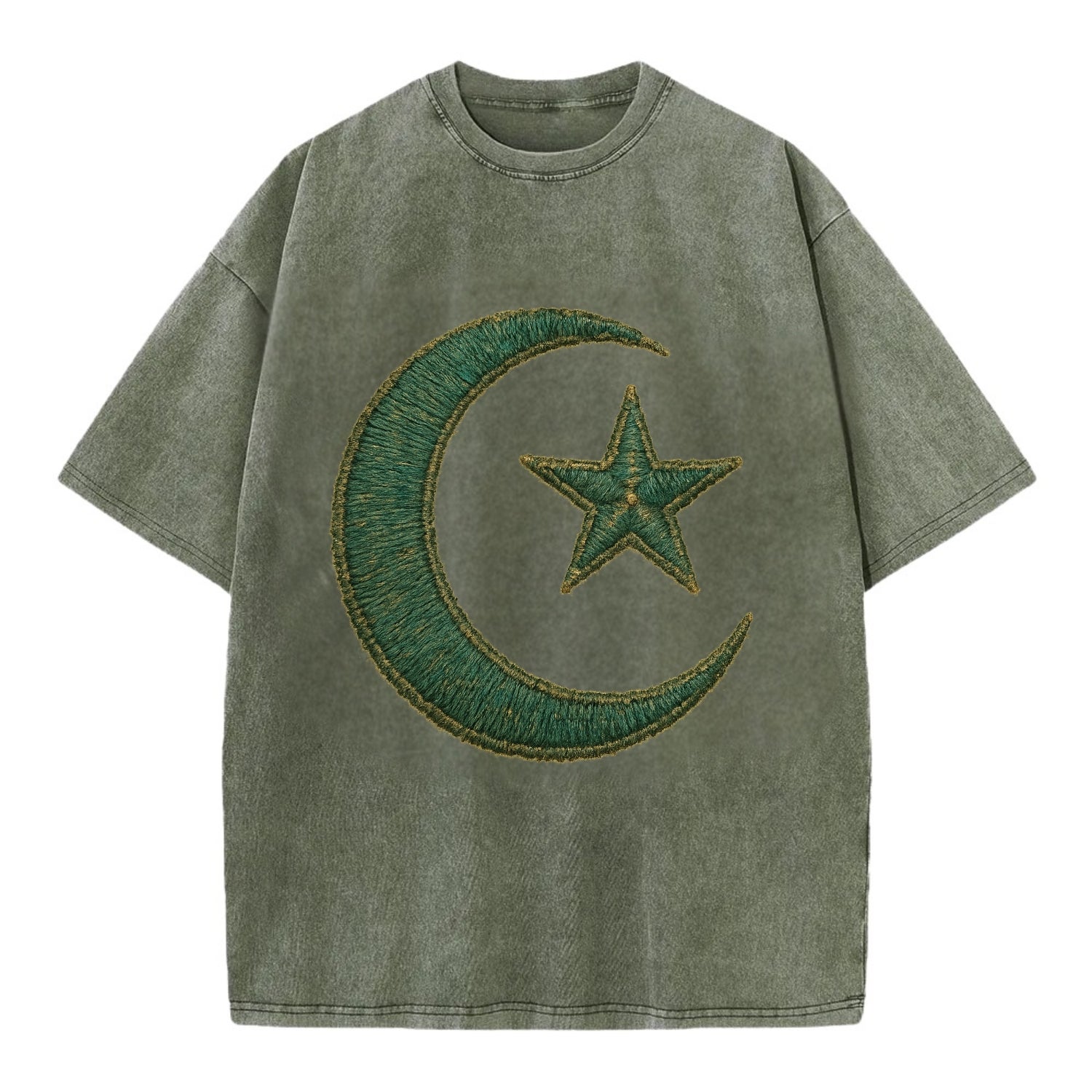 Crescent Moon and Star - Vintage T-shirt - Army Green