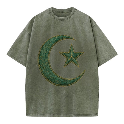 Crescent Moon and Star - Vintage T-shirt - Army Green