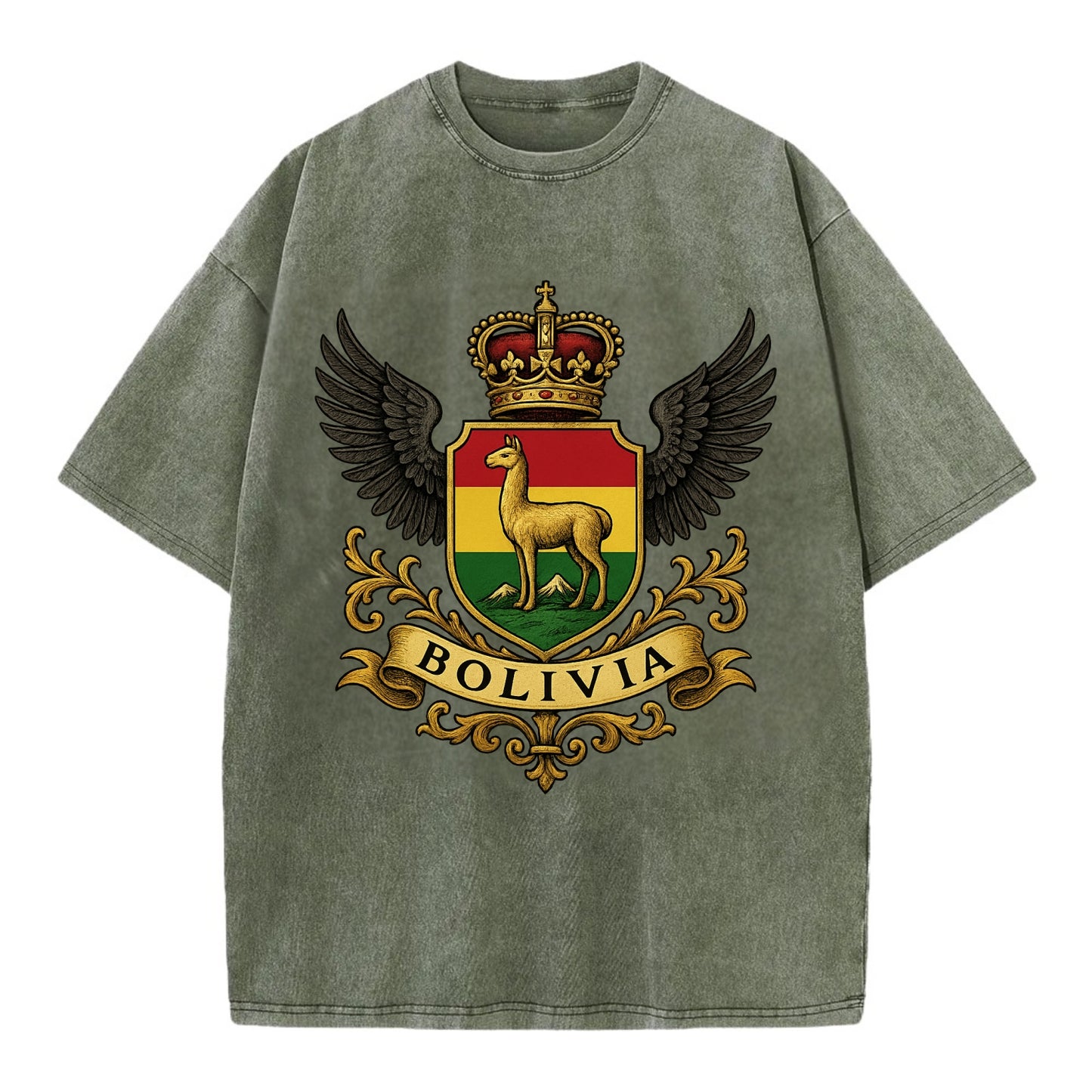 Bolivia Llama Emblem  - Vintage T-shirt - Army Green