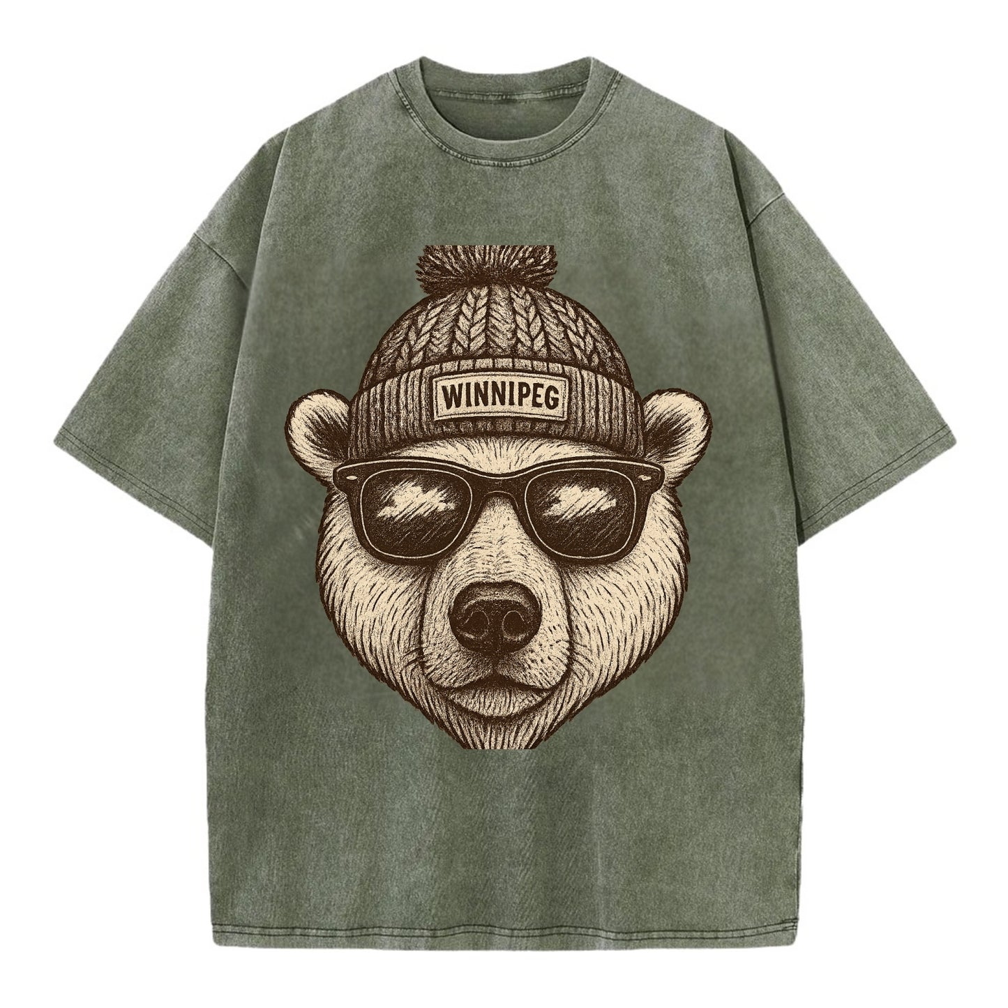 Winnipeg Polar Bear wearing Winnipeg beanie with pom pom and wayfarer sunglasses - Vintage T-shirt - Army Green