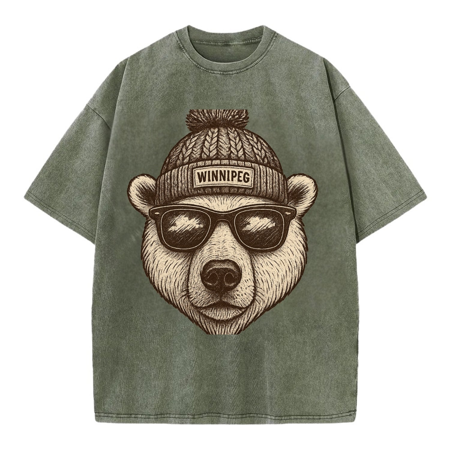 Winnipeg Polar Bear wearing Winnipeg beanie with pom pom and wayfarer sunglasses - Vintage T-shirt - Army Green