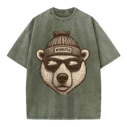 Winnipeg Polar Bear wearing Winnipeg beanie with pom pom and wayfarer sunglasses - Vintage T-shirt - Army Green