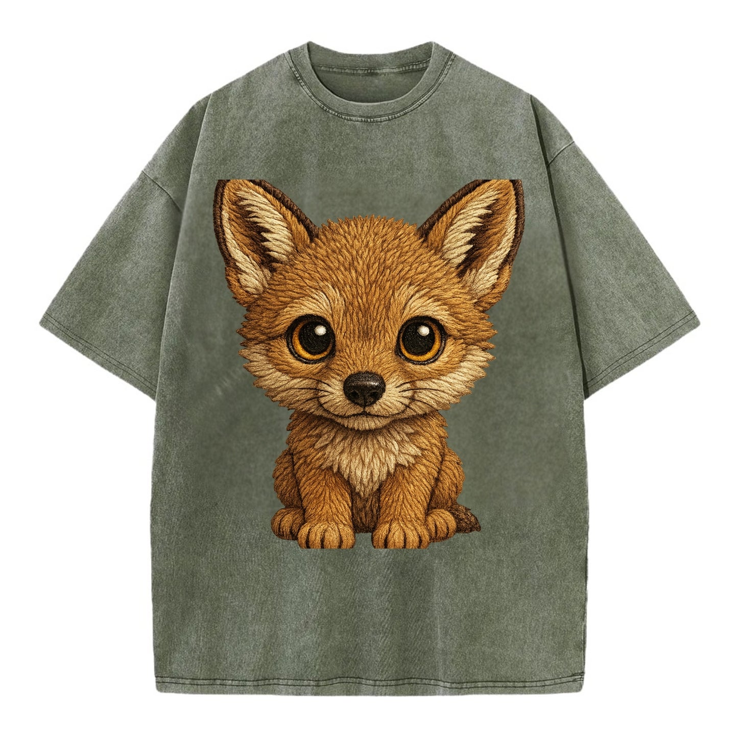 Baby Coyote Pup - tan fur, large ears, golden eyes, front-facing, clever baby - Vintage T-shirt - Army Green
