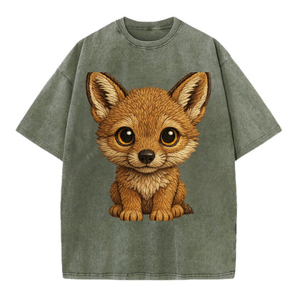 Baby Coyote Pup - tan fur, large ears, golden eyes, front-facing, clever baby - Vintage T-shirt - Army Green