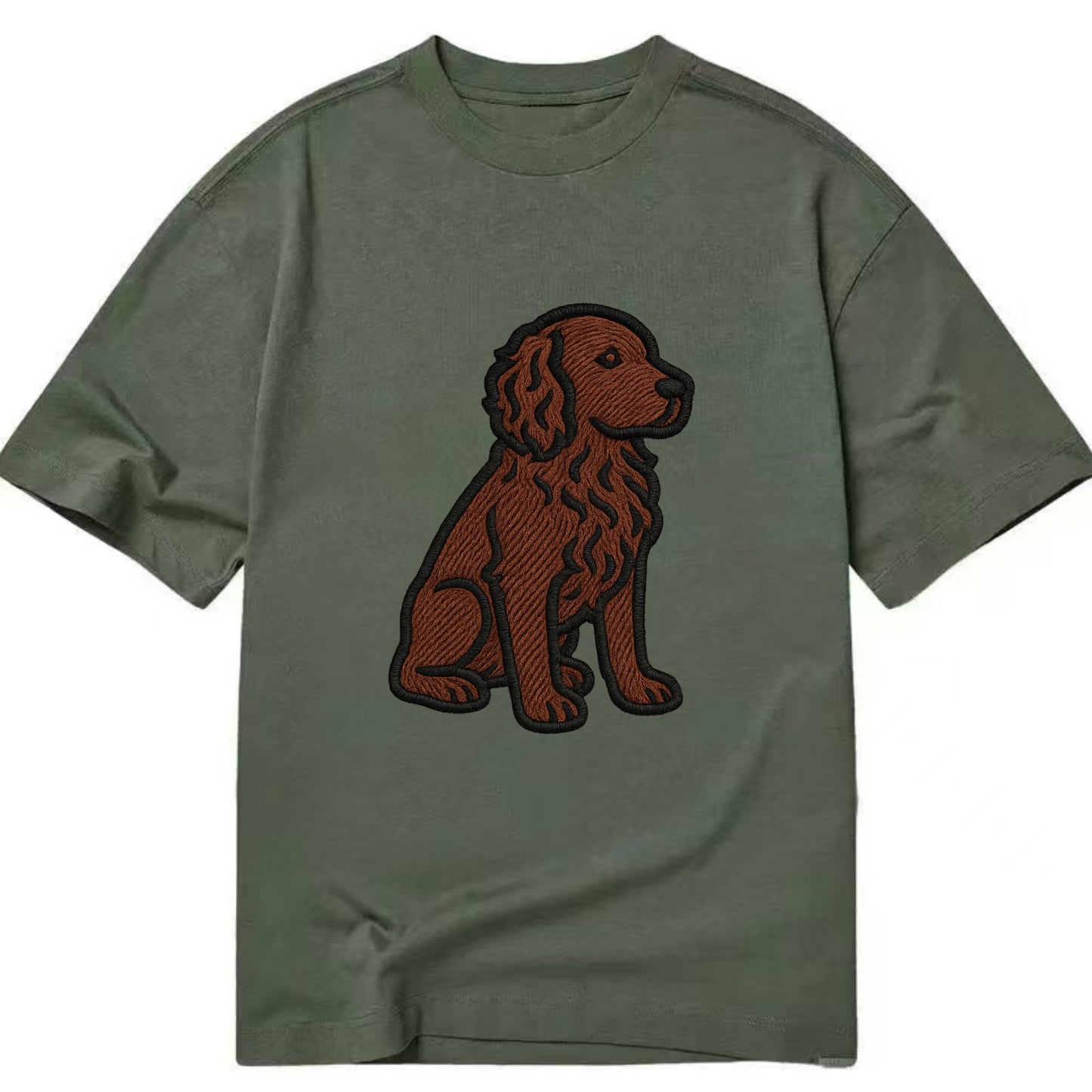 Boykin Spaniel - Rich chocolate brown wavy coat embroidered sitting pose - Classic T-shirt - Army Green