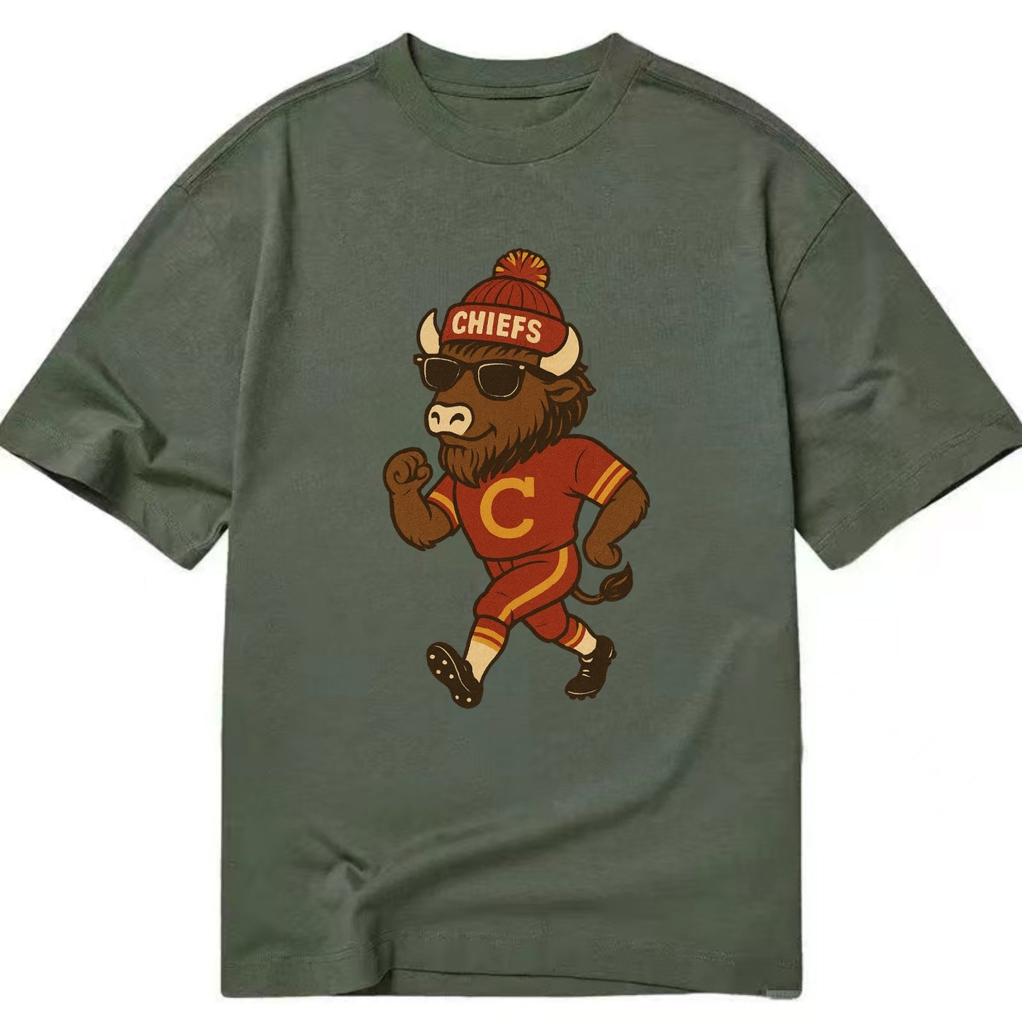 KC Bison wearing Chiefs beanie with arrowhead patch and wayfarer sunglasses - Classic T-shirt - Army Green
