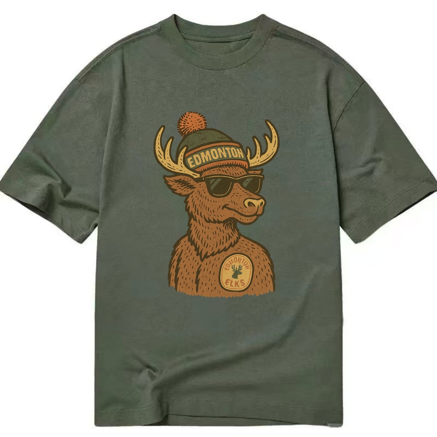 Edmonton Elk wearing Edmonton beanie with pom pom and wayfarer sunglasses - Classic T-shirt - Army Green