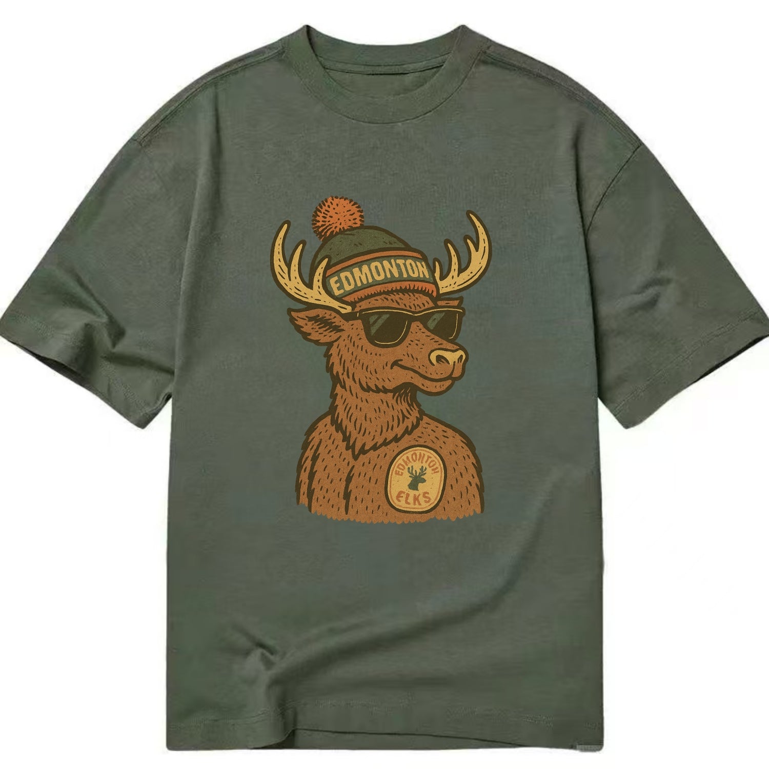 Edmonton Elk wearing Edmonton beanie with pom pom and wayfarer sunglasses - Classic T-shirt - Army Green