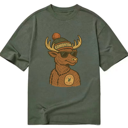 Edmonton Elk wearing Edmonton beanie with pom pom and wayfarer sunglasses - Classic T-shirt - Army Green