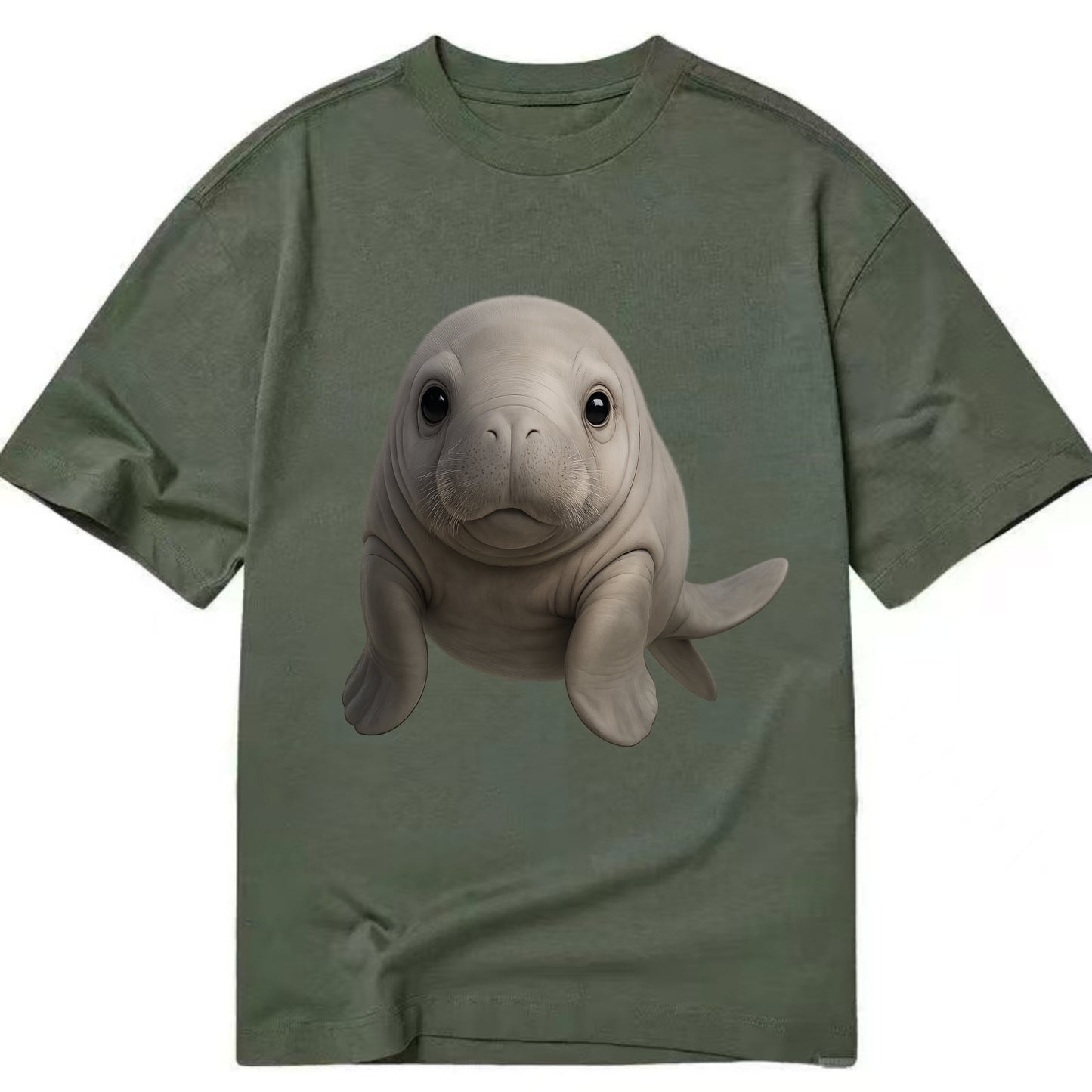 Baby Dugong - gray with paddle tail, gentle expression, whiskers, front-facing, - Classic T-shirt - Army Green