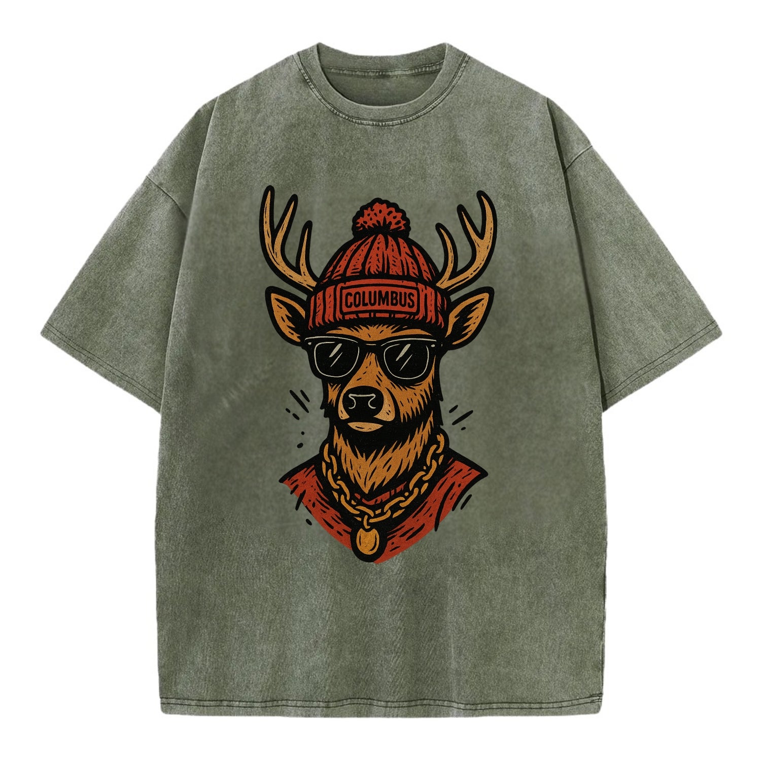 Columbus White-tailed Deer wearing Columbus beanie with pom pom and wayfarer - Vintage T-shirt - Army Green