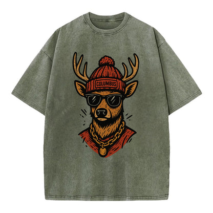 Columbus White-tailed Deer wearing Columbus beanie with pom pom and wayfarer - Vintage T-shirt - Army Green