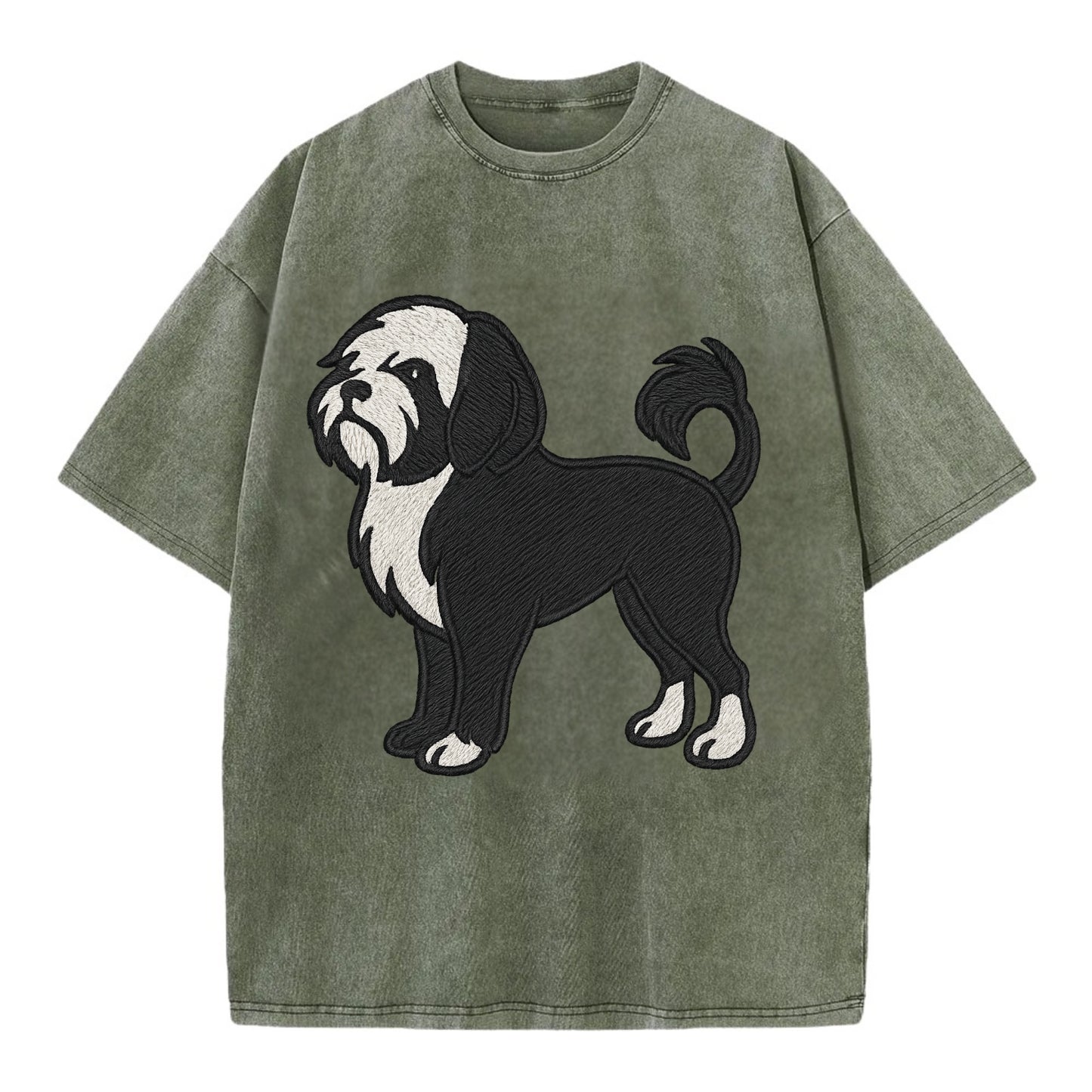 Löwchen - Black and white lion trim embr - Vintage T-shirt - Army Green