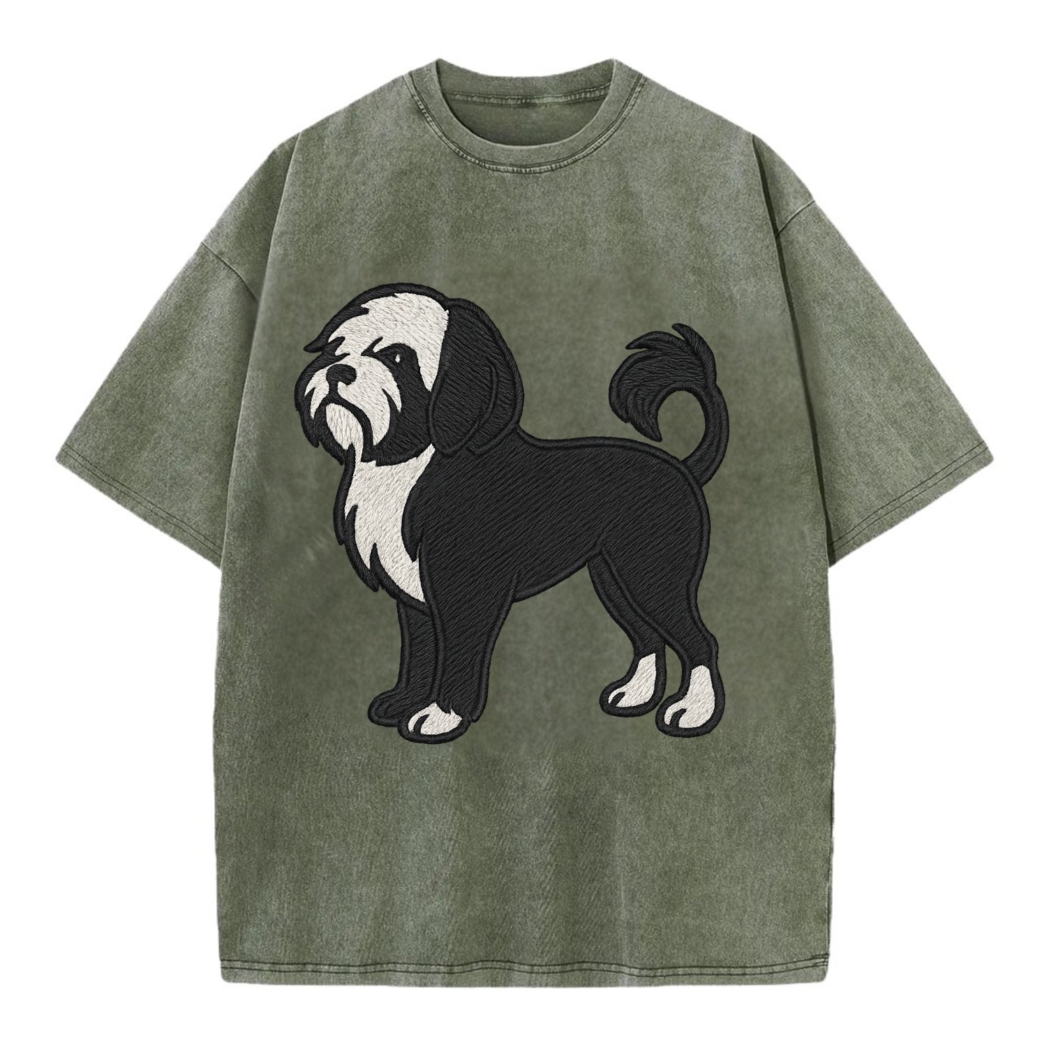 Löwchen - Black and white lion trim embr - Vintage T-shirt - Army Green