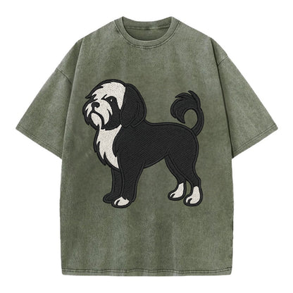 Löwchen - Black and white lion trim embr - Vintage T-shirt - Army Green