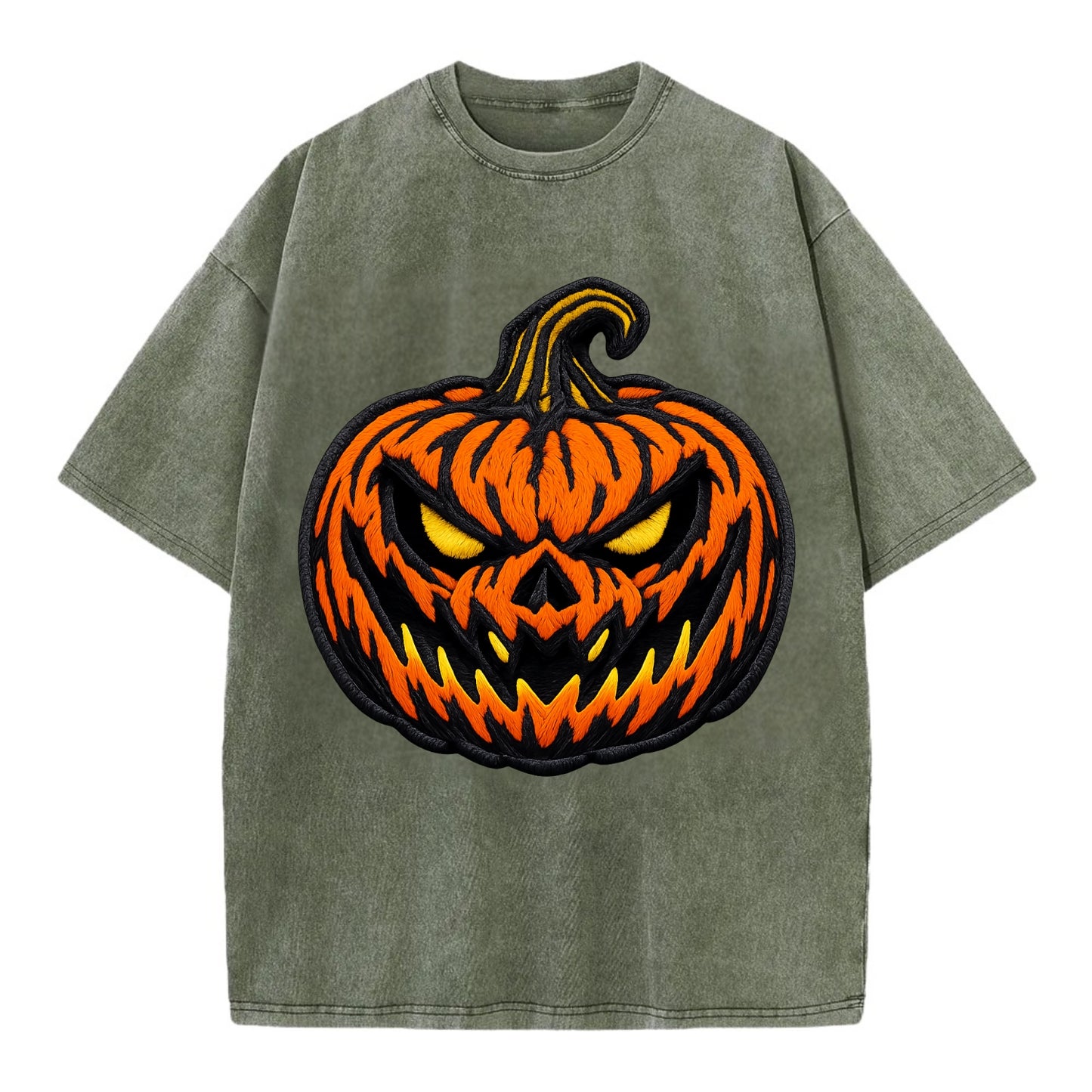 HALLOWEEN PUMPKIN - jack o lantern in orange and black , spooky - Vintage T-shirt - Army Green
