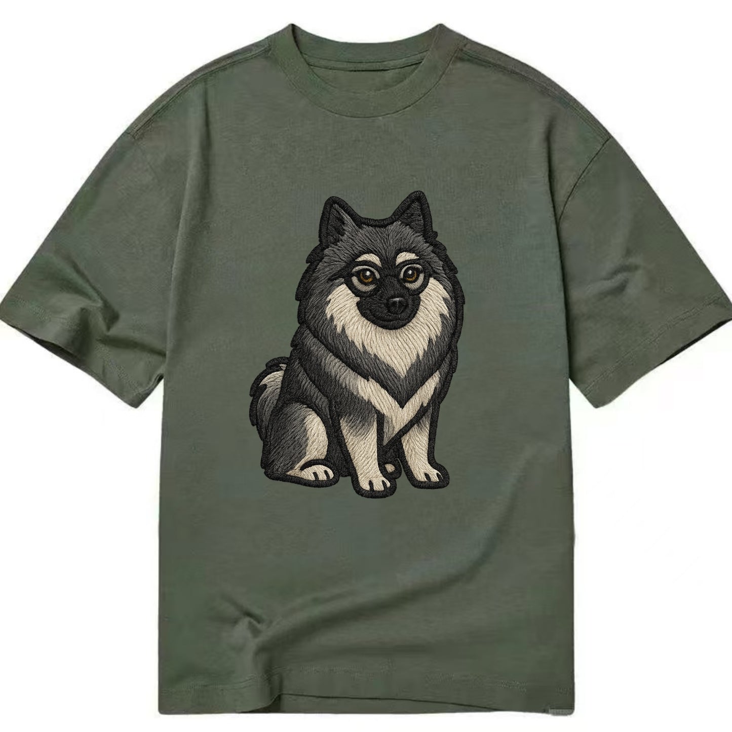 Keeshond - Gray and black spectacles embroidered design - Classic T-shirt - Army Green