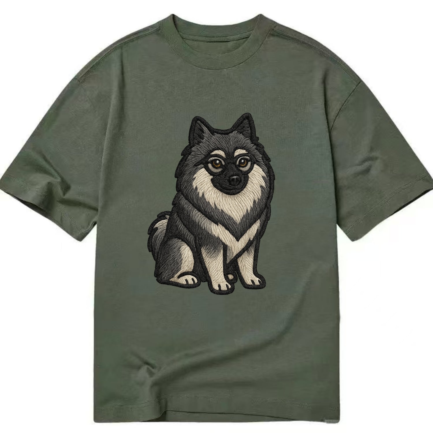 Keeshond - Gray and black spectacles embroidered design - Classic T-shirt - Army Green