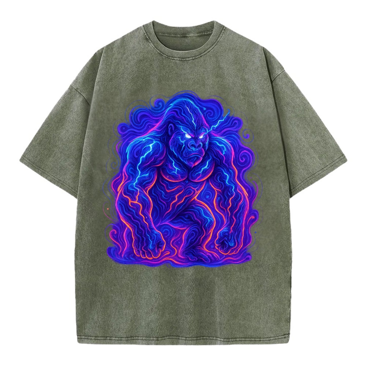 Mighty gorilla with electricity flowing through defined muscles, lightning bolt - Vintage T-shirt - Army Green