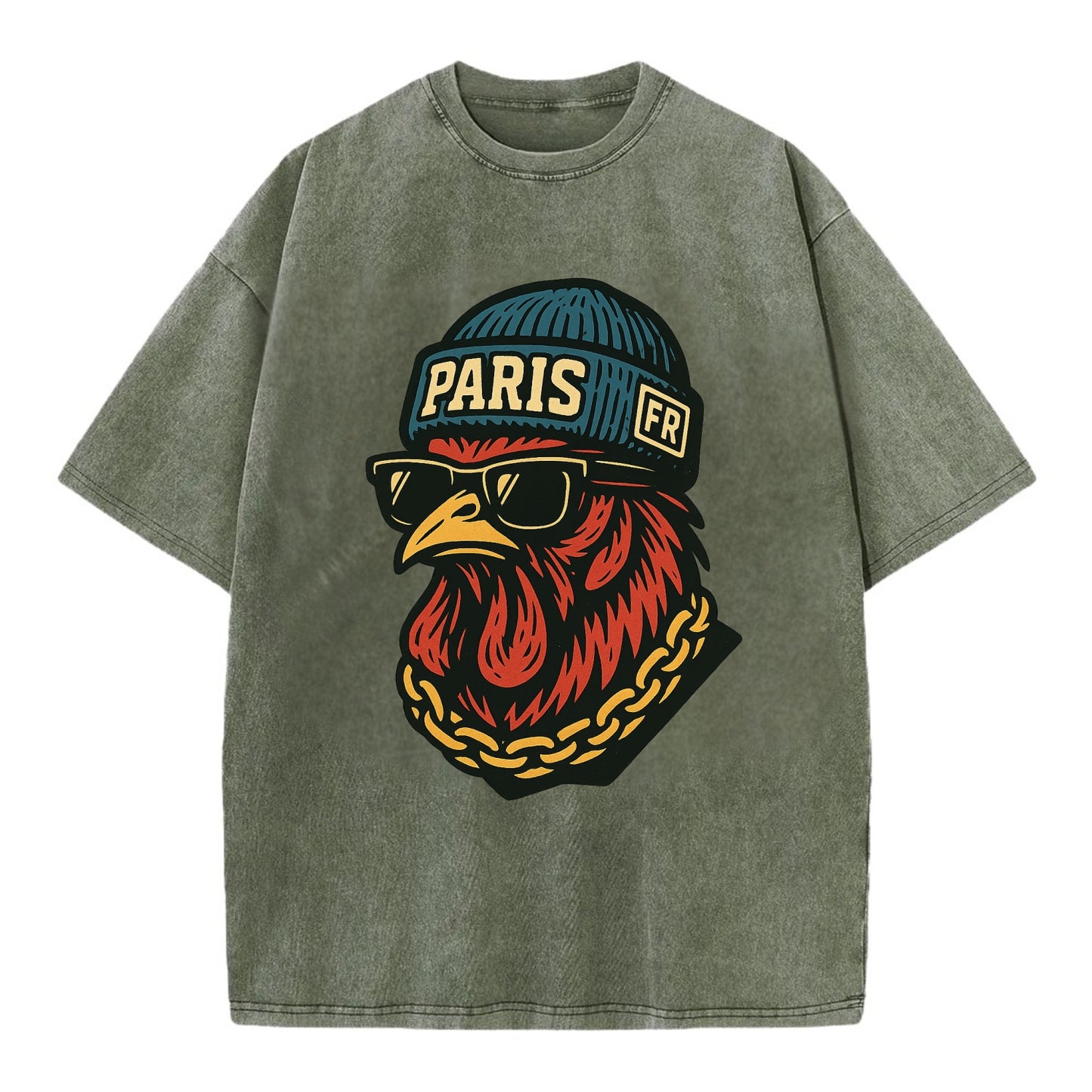 Paris Rooster - Vintage T-shirt - Army Green
