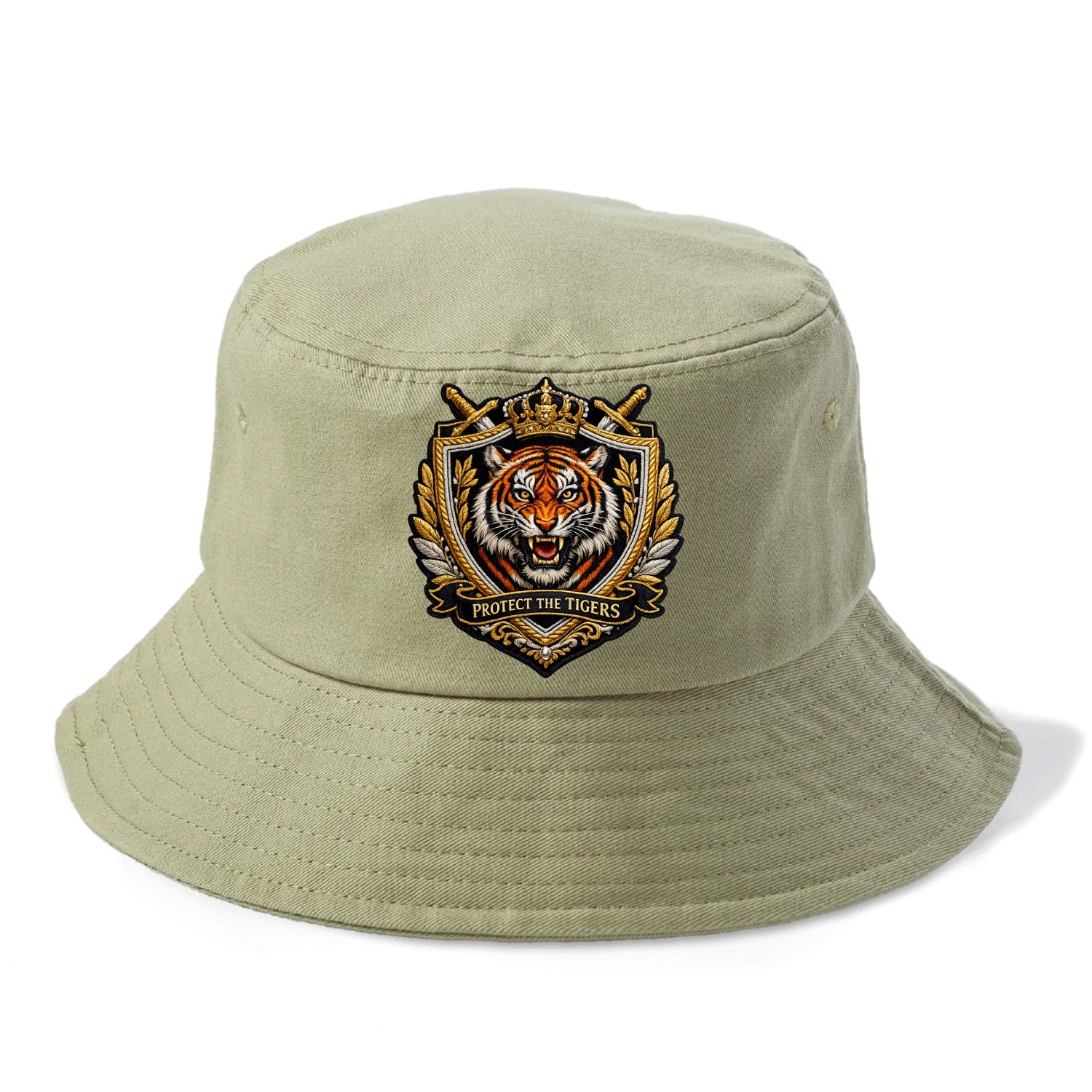 PROTECT THE TIGERS - tiger with shield in orange , big cat conservation - Bucket Hat - Army Green