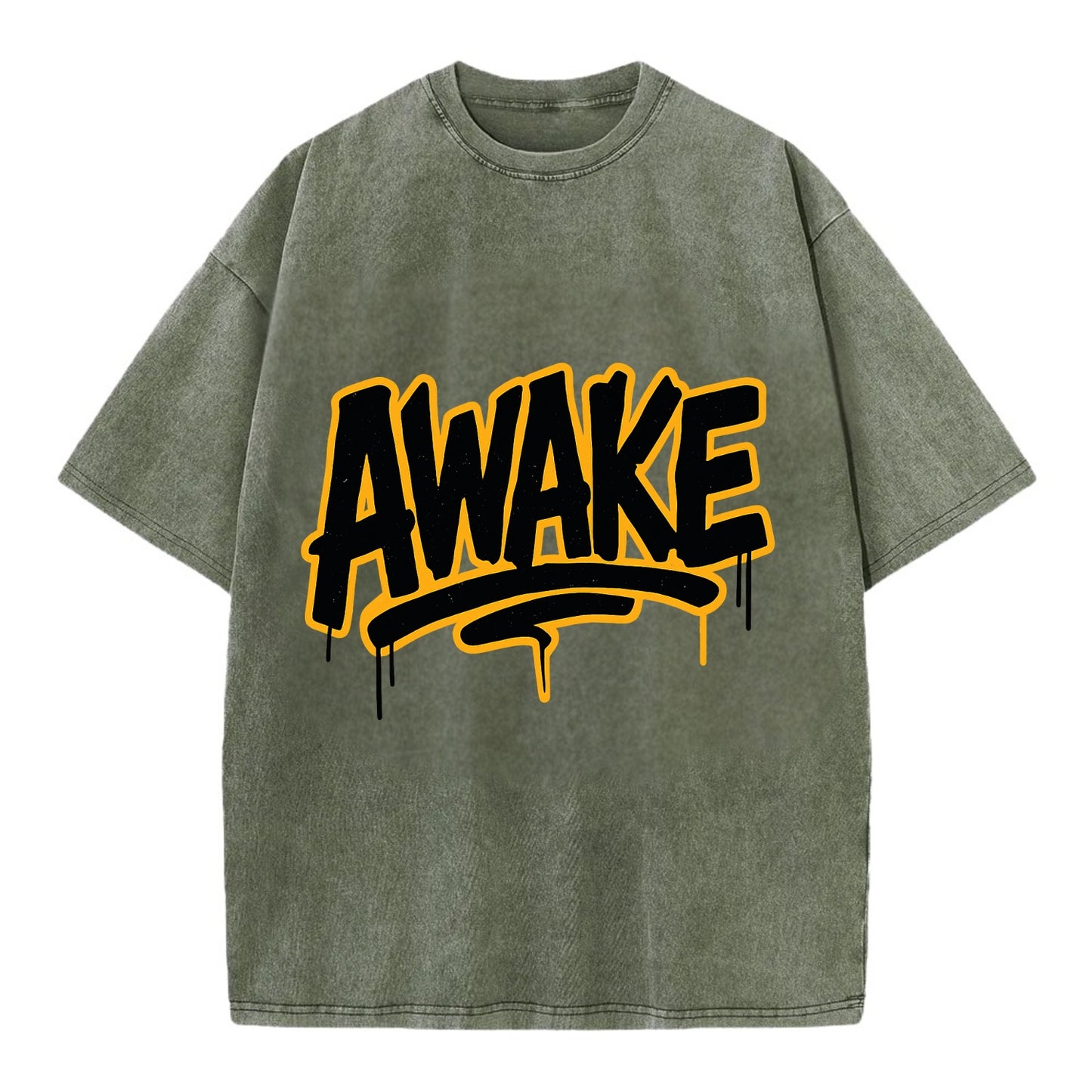 Bold typography design - "AWAKE" - conscious, aware, alert - Vintage T-shirt - Army Green
