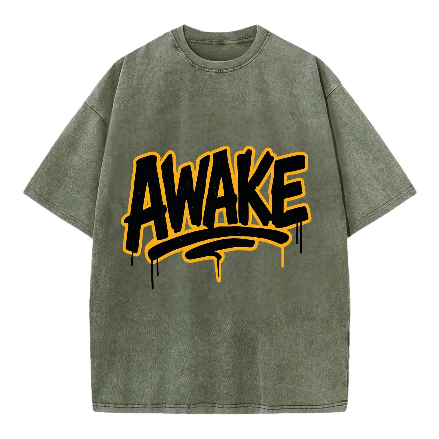 Bold typography design - "AWAKE" - conscious, aware, alert - Vintage T-shirt - Army Green