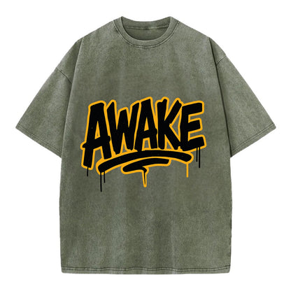 Bold typography design - "AWAKE" - conscious, aware, alert - Vintage T-shirt - Army Green