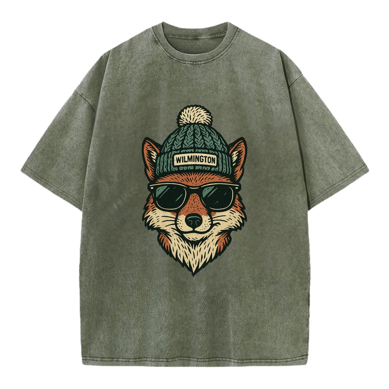 Delaware Gray Fox wearing Wilmington beanie with pom pom and wayfarer sunglasses - Vintage T-shirt - Army Green