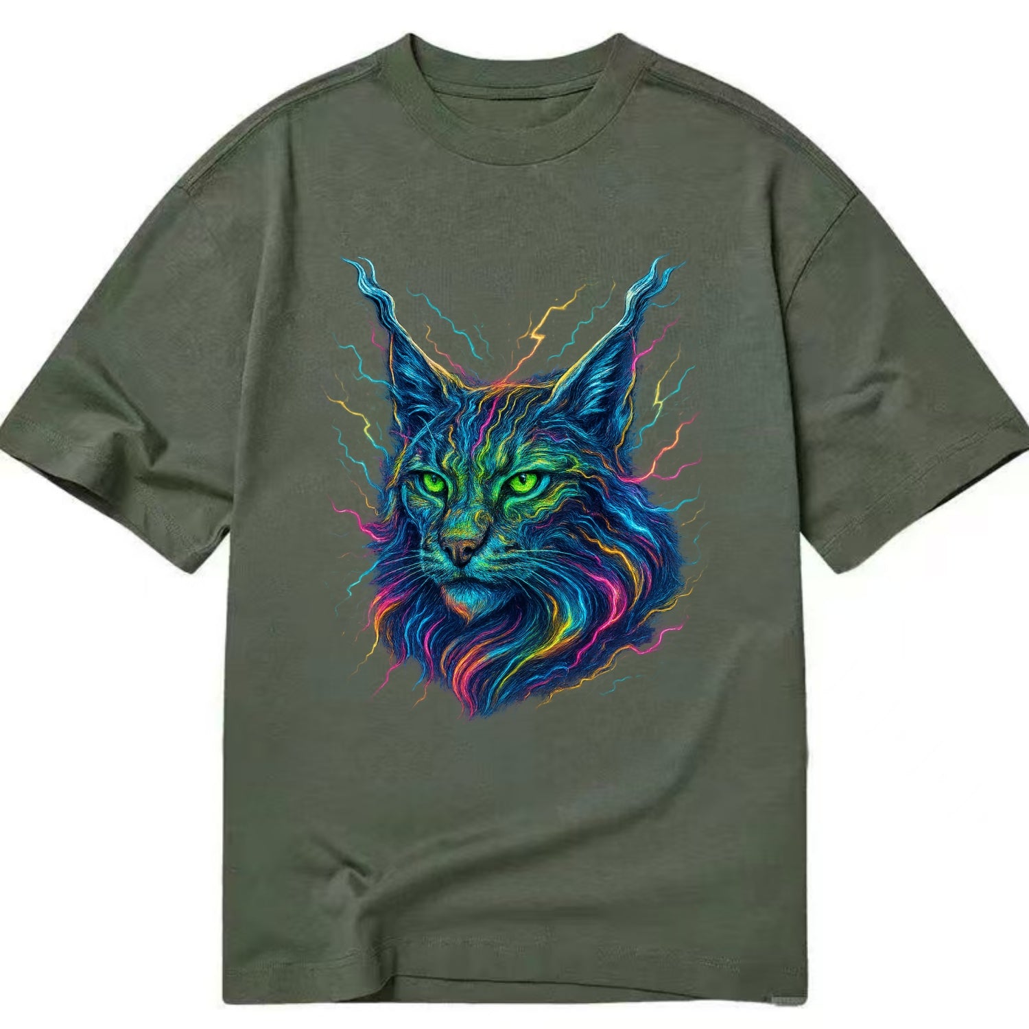 Wild lynx with ear tufts transforming into liquid mercury flows, silver and gold - Classic T-shirt - Army Green