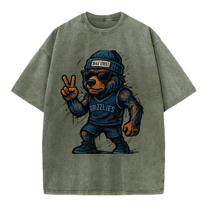 Memphis Grizzly Bear wearing Grizzlies navy and light blue beanie with Beale - Vintage T-shirt - Army Green