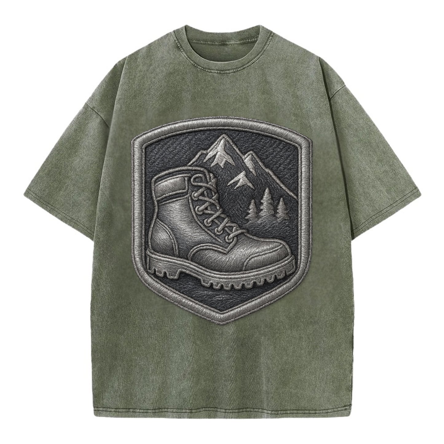 Hiking boots with mountain peak - hiker pride - Vintage T-shirt - Army Green